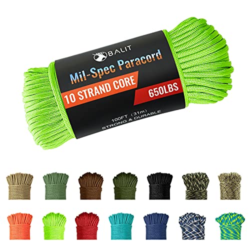 Balit 550 Paracord Parachute Cord 100 Feet Mil-Spec Paracord 10-Strand Core 650ld Nylon Parachute for Outdoor Emergency Tactical Survival Camping Hiking Bracelet(Fluorescent Green)