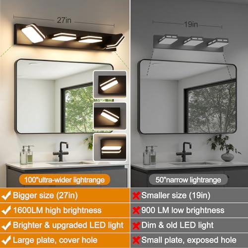 Image of Torondo 360 Rotate LED Bathroom Vanity Light Fixtures, Acrylic Vanity Lights for Bathroom, Modern Wall Lighting Fixtures Over Mirror Living, Matte Black, Warm White, 4-Light, 27-Inch