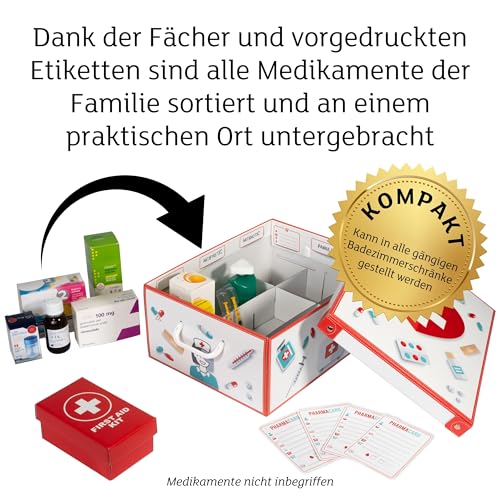 Lavatelli PHARMA ORGANIZER, Medikamentenbox mit Teilern, Hausapotheke box karton für Medikamente, 32x42x17,5 cm, Apothekenbox + Erste-Hilfe-Kasten + 4 Pharma-Karten, Weiß