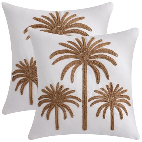 LUOYEHK Rope Embroidered Throw Pillow Covers 18x18 Inch Pack of 2 Farmhouse Rustic Palm Tree Pillow...