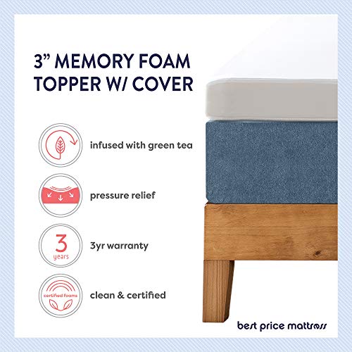 Image of Best Price Mattress 3 Inch Memory Foam Mattress Topper with Cover, Calming Green Tea Infusion, CertiPUR-US Certified, Short Queen White