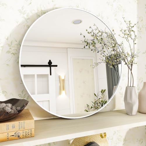 Image of VooBang White Round Bathroom Mirror, 24 inch Circle Wall Mounted Hanging Mirror with Simple Modern Circular Metal Frame for Hallway, Entryway, Living Room, White Frame