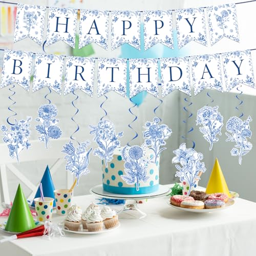 Image of JarThenaAMCS 11 Pcs Blue Flower Birthday Banner Chinoiserie Floral Happy Birthday Bunting Garland with Elegant Flower Hanging Swirl for Party Decoration