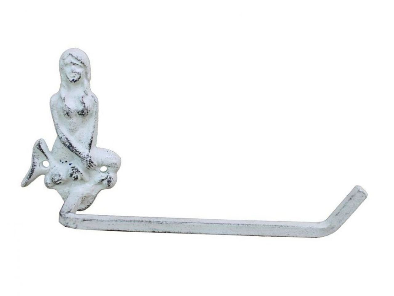 Hampton Nautical Whitewashed Cast Iron Mermaid Toilet Paper Holder 10" Bathroom Beach Home Decorating