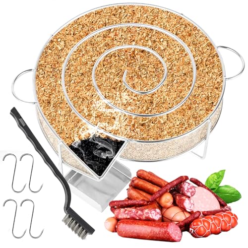 MARKETIFAR Kaltrauchgenerator - Räucherschnecke mit 4 Räucherhaken und 1 Reinigungsbürste - Räucherschnecke aus Edelstahl für Kugelgrill - Ideal für Schinken, Fleisch, Wurst, Kassler, Fisch usw.