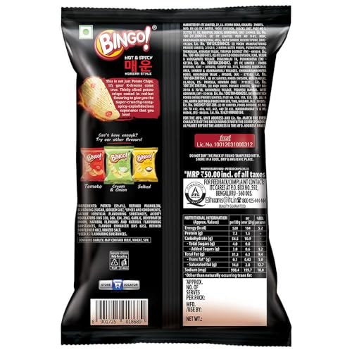 Image of Bingo ! Potato Chips Hot & Spicy Korean Style,90 gram /82 gram /87.5g(weight may vary) (Pack of 3)