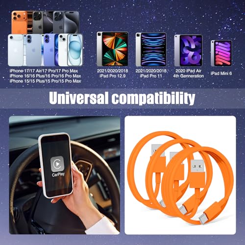 Image of 3-Pack Orange [3.3FT+3.3FT+6FT] USB A to USB C Cable，USB to USB C Cable，Car Carplay Cable for iPhone 17 16 15 Pro Plus Pro Max Air，for Galaxy S25, for iPad, for MacBook and More