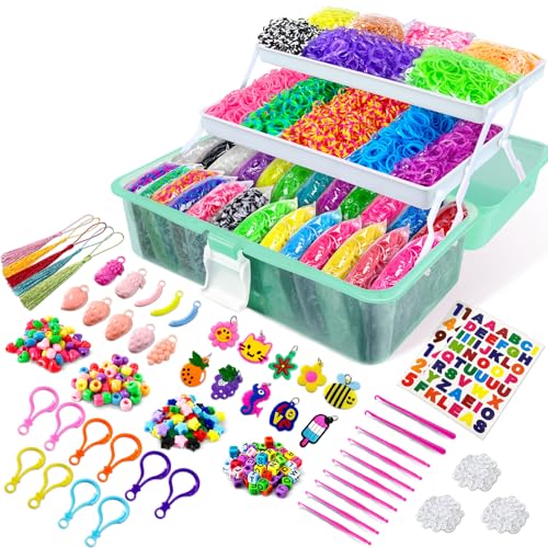 ROSHUKG 14500 Elastique Bracelet Kit, Élastiques pour Bracelet en Caoutchouc Colorés avec Récipient à 3 Couches pour Les Filles et Les Garçons(Vert)