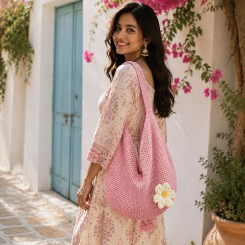 Image of PALAY Tote Bag for Woman Crochet Mesh Beach Shoulder Bags with Flower Brooch Summer Vacation Knitted Bag for Women Shoulder