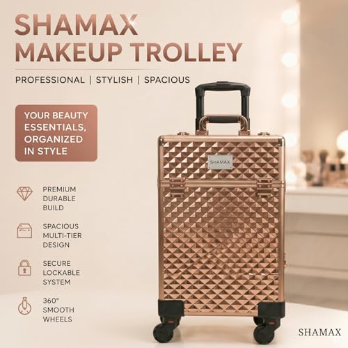 Image of SHAMAX Professional Rolling Makeup Case, Cosmetic Organizer Trolley, MUA & Salon Artist Storage Vanity Locks - Trolley for Hairdressers, Salons, Beauty Lovers - 360 Universal Wheels (3599 Rosegold)