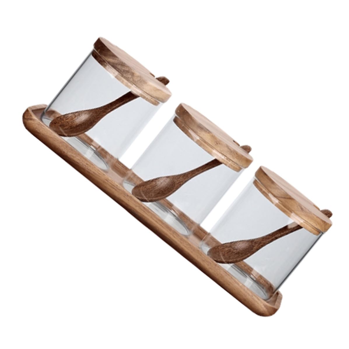 Angoily Gewürzglas Gewürzbehälter aus Glas mit Holzdeckel Löffel Satz und Tablett 1 Satz zur Aufbewahrung von Gewürzen für Küche und Haushalt