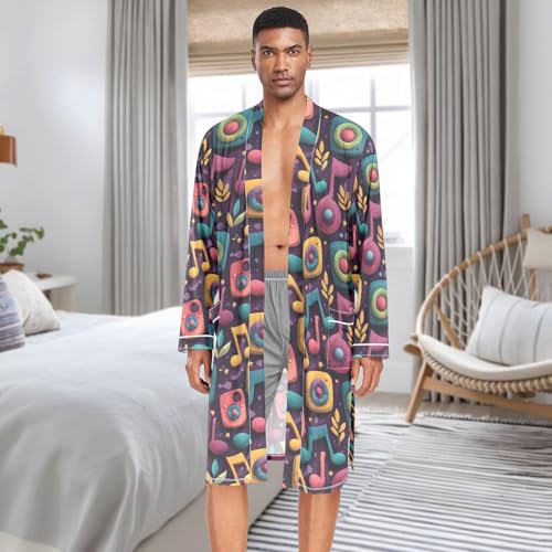Men’s Robe Music Notes Print, Long Sleeve Bathrobe for Sleep Shower-M3
