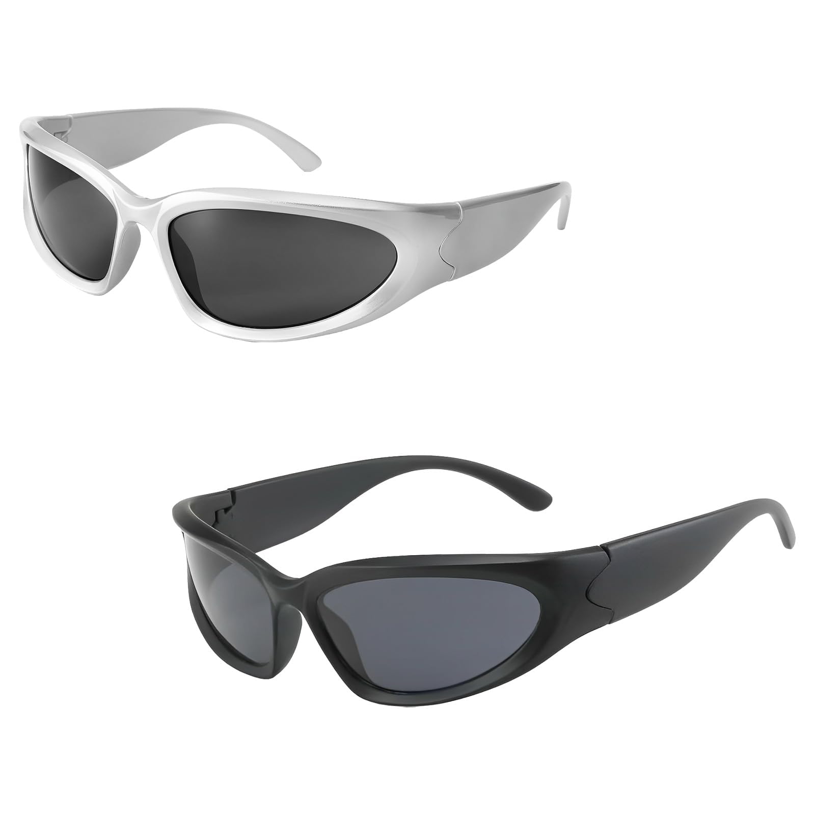 Wvbzf 2 Pairs Rave Glasses, Rave Sunglasses, Vintage Oval Futuristic Wrap Around Sunglasses Protection, Fashion Retro Glasses Men Unisex for Shades Sport Driving Cycling Outdoor