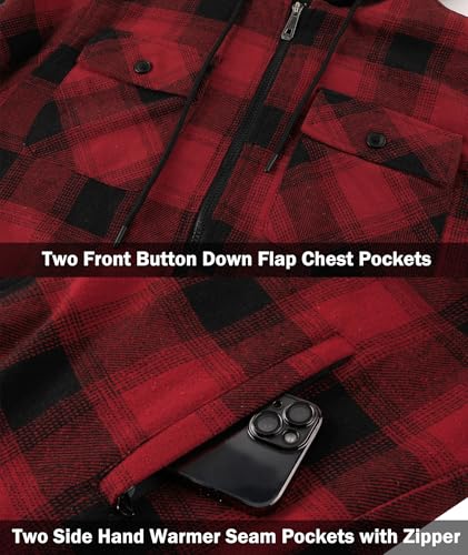 Image of V VALANCH Men's Flannel Shirt Jacket with Hood Fleece Lined Plaid Jacket Zip Up Winter Warm Coat