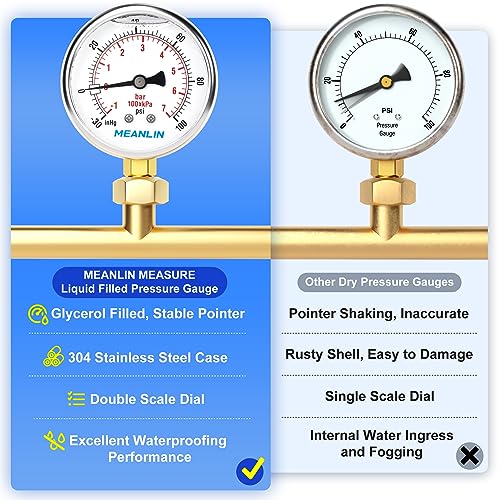 Image of MEANLIN MEASURE -30inHG~100Psi Stainless Steel 1 /4 inch NPT 2.5 inch FACE DIAL Vacuum Pressure Gauge, Lower Mount, with 1 /2 inch NPT and 3 /8 inch NPT Hex Bushing