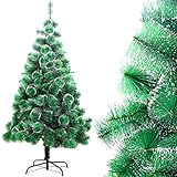 Árbol de Navidad artificial de pino verde de 150 cm formado por 2 bloques con tronco en medio, con 138 tips puntas / ramas y soporte metálico de 34x10cm. Las ramas de plástico de primera calidad, súper natural. Una decoración sorprendente a cualquier habitación durante las vacaciones.