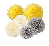 HEARTFEEL 12pcs 10 inch 8inch Tissue Paper Pom-poms Yellow Cream Grey Outdoor Decoration Tissue Paper Pom Poms Party Balls Wedding Christmas Xmas Decoration (Yellow Cream Grey)