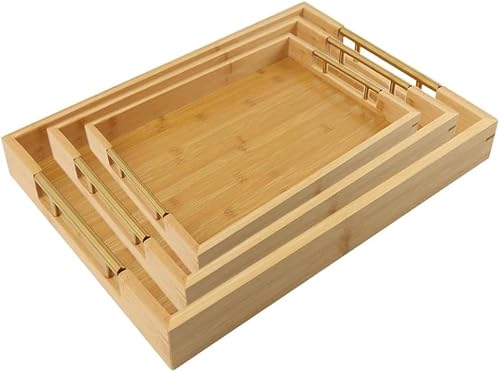 Bamboo Serving Trays with Handle, Brown, Set of 3 | 33 x 44 x 5 cm, Multipurpose Use, 6 Month Warranty, Decorative Display, Dining & Kitchen