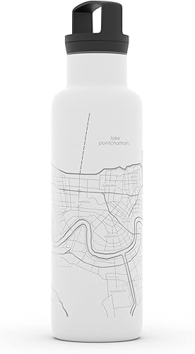 Miniatura 893 de Well Told Botella de agua aislada con mapa Chicago Illinois, grabado de acero inoxidable (21 onzas, gris muelle) botella aislada de mapa