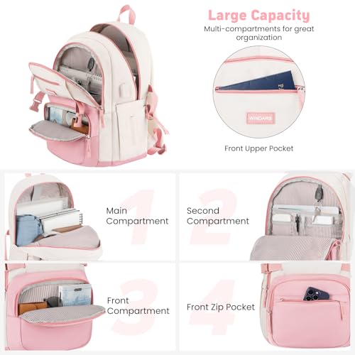 Image of WINDARS Backpack for School Girls, Cute High School Backpacks for Teens Women Student Large Bookbag 15.6 Inch Laptop Bag with USB Charger Port for College Work Travel Trip (Pink Beige)