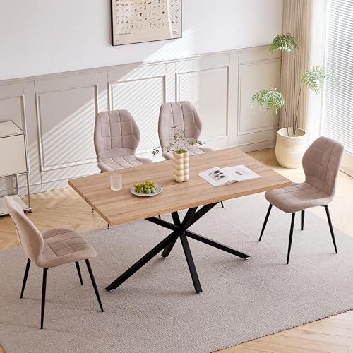 GrandCA HOME Juego de Mesa y Sillas de Comedor, Mesa de Comedor Rectangular 140 * 78 * 77cm,4 Sillas de Comedor Ttapizadas, Juego de Muebles de Cocina de 5 Piezas (Color Claro + Beige)