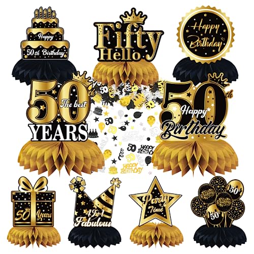 Aurasky Centrotavolo Compleanno 50 Anni, 9 Pezzi Centrotavola a Nido d'Ape Decorazione Compleanno con 10g Coriandoli Happy Birthday, Oro Nero Centrotavola 50° Compleanno Addobbi Compleanno Tavolo