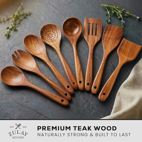 Image of Zulay Kitchen Premium 8-Piece Wooden Spoons - Smooth Finish, Natural Teak Wood, Non-Stick, Handmade