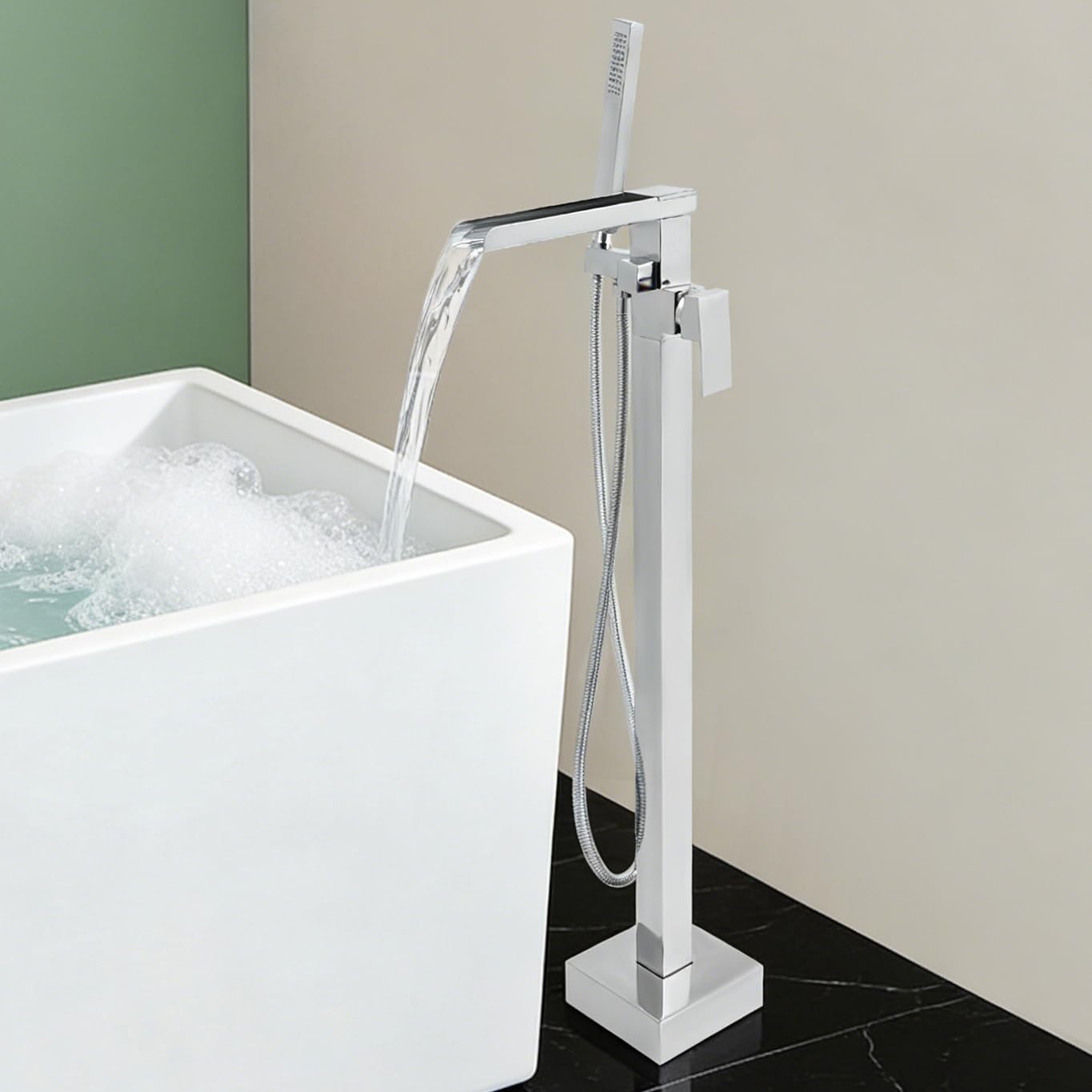 Rubinetto autoportante per vasca da bagno con doccetta girevole a 360°, montaggio a pavimento, vasca indipendente, classico, set di rubinetti per vasca da bagno (argento)