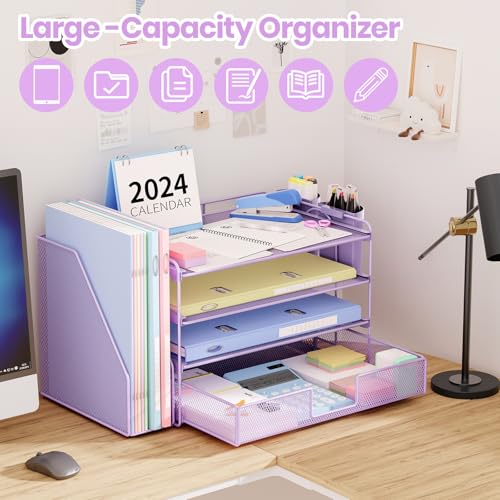 Image of OPNICE Desk Organizer, 4-Tier Desktop File Organizer with Drawer and Pen Holders, Office Desk Accessories, File Sorters, Workspace Organizers for Office Supplies(Purple)