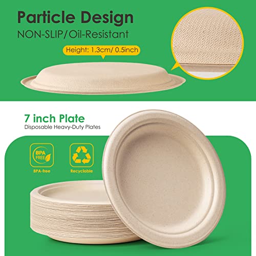 Gezond 100% Compostable Paper Plates 7 Inch, 150Pcs Disposable Heavy-Duty Plates Unbleached Biodegradable Plate Made Of Sugarcane Fiber #TOP2