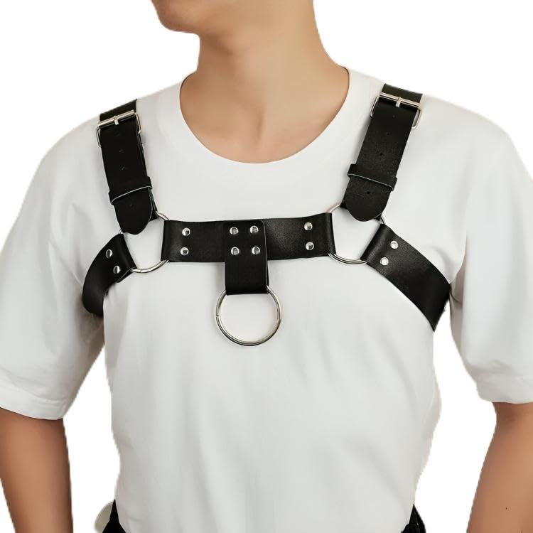 Black PU Leather Chest Harness Belt with O-Ring and Silver Studs, Adjustable Buckle Straps black-image-34