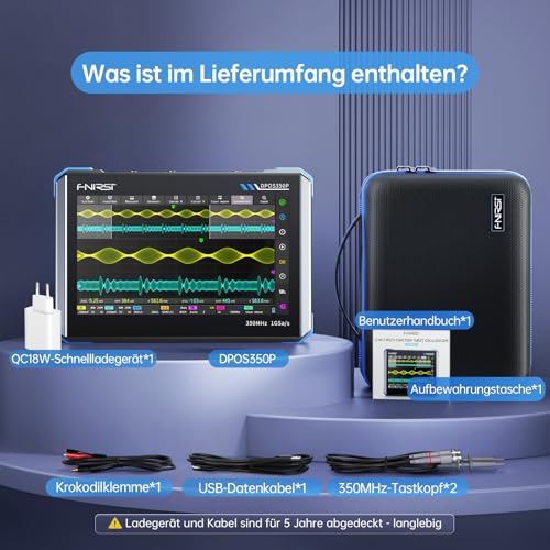 FNIRSI DPOS350P 4-in-1 Tablet-Oszilloskop 350 MHz, Spektrumanalysator 200 kHz – 350 MHz, Frequenzganganalysator DDS-Generator, 2-Kanal-Handoszilloskop 1 GSa/s, 7-Zoll-Touchscreen, digitaler Phosphor