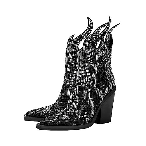 Feinlina Women's Rhinestone Flame Pointed Toe Block Chunky Heeled Boots Fashion Sparkly Cowboy Ankle Booties3