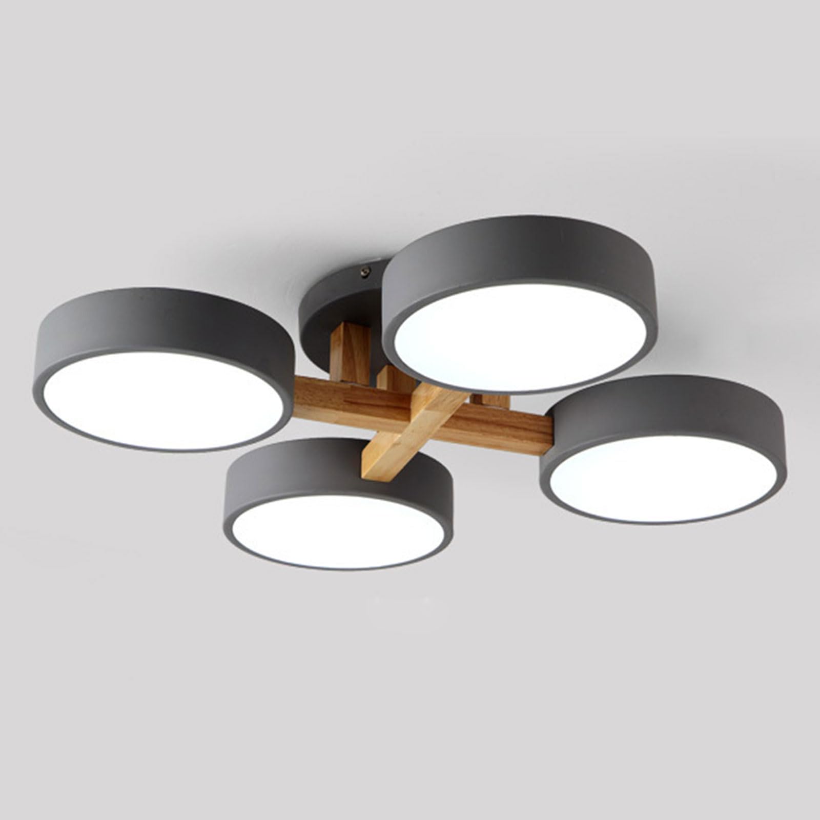 HXYSXHJUO Dimmable LED Ceiling Lamp - 4-Light Wooden Chandelier for Living Room, Bedroom, Kitchen 48W Flush Mount Light Fixture(Grey)