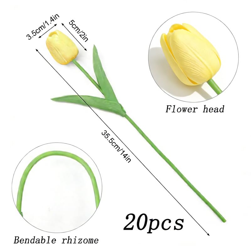 Image of 20Pcs Stems 13.5 Inch Light Yellow PU Artificial Moisturizing Tulips, Faux Tulips Flowers for Thanksgiving Christmas Decorations Wedding Home Table Vase Floral Arrangements