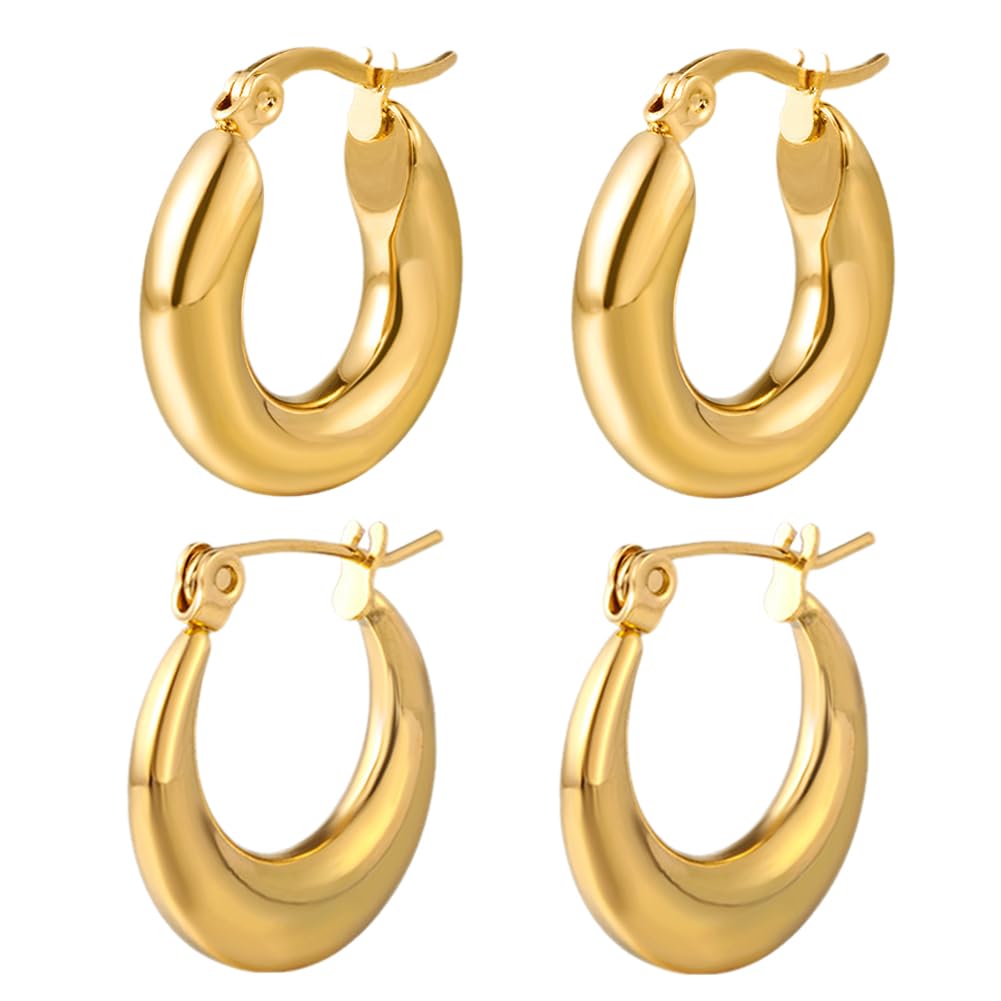 XYPNRTMP Pendientes de Aro Oro para Mujeres,2 Pares Chapado Oro Aretes de Aro,Hipoalergénico Oro Pendientes Peso Ligero Pendientes de Aro Dos Senior Moda Joyeria Regalos para Novia Mujer Niñas