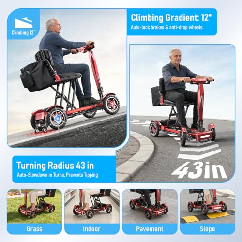Image of Mobility Scooter Adults & Seniors, Red, 12AH Li-ion Battery | Carbon Fiber Lightweight, 15 Miles Range, Airline Approved, All-Terrain, 330lb Capacity, All-weather Cover