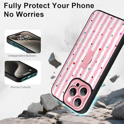 Coque iPhone 15 Pro avec béquille et sangle arrière rose à pois - 3
