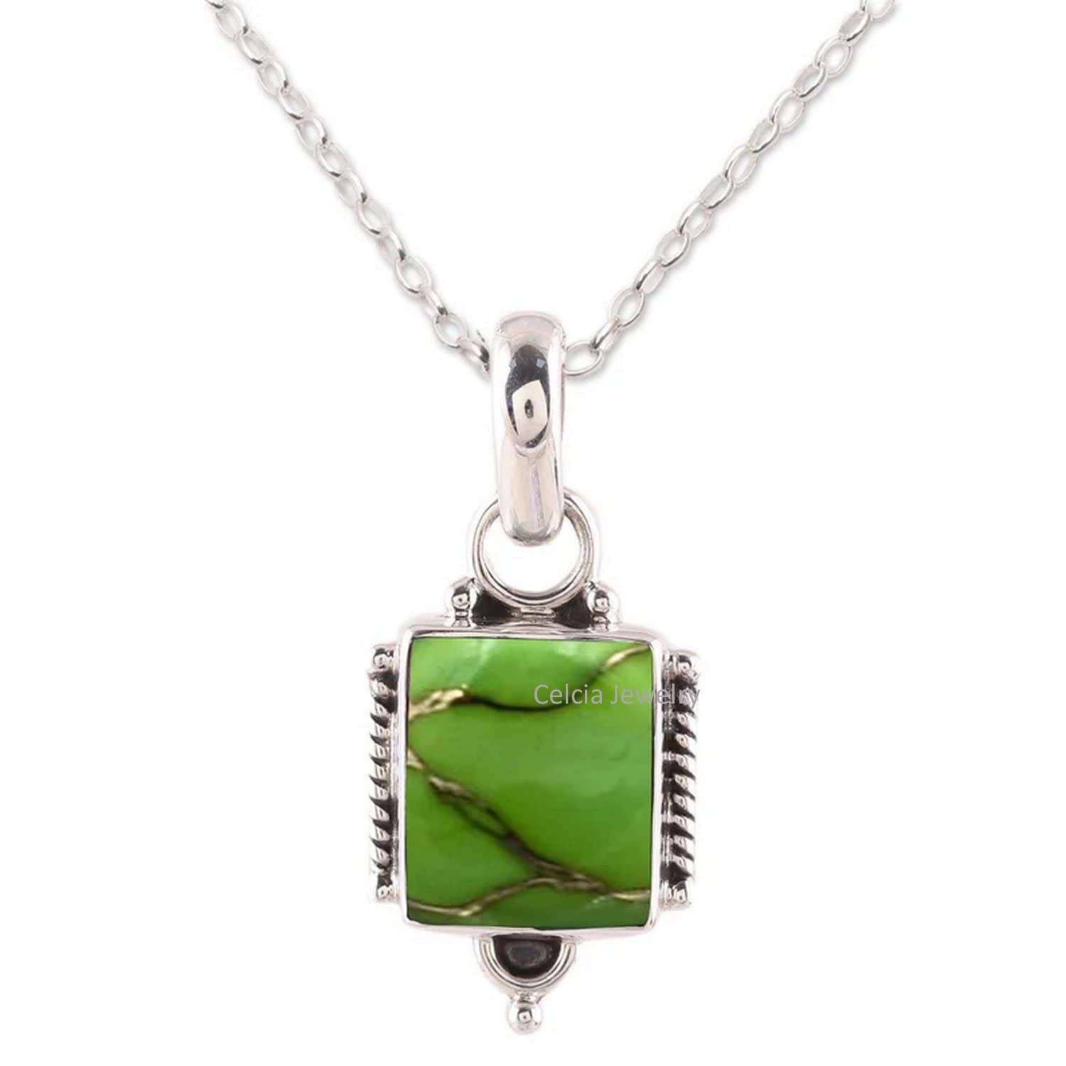 Collana in argento sterling 925 puro per le donne, collana realizzata a mano unica con pietra preziosa rettangolare turchese rame verde genuino per lei