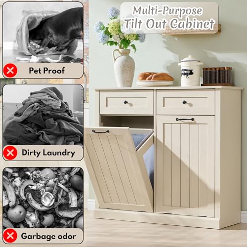 Image of IFBUY Double Tilt Out Laundry Hamper Cabinet, Trash Cabinet, Cream