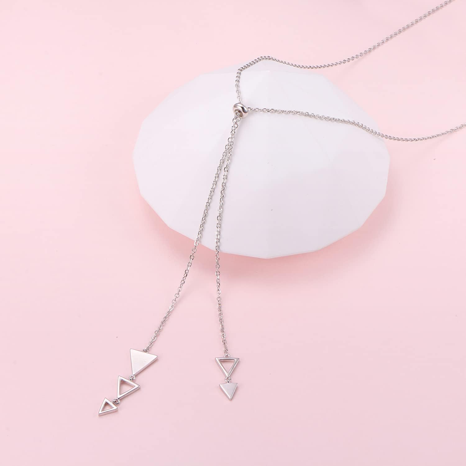 FLYOW Long Chain Dainty Lariat Necklace Simple Style 925 Sterling Silver Heart Pendant Adjustable Y Shaped Necklace Jewelry