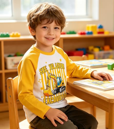Image of Boys Construction Long Sleeve Raglan T-Shirt for 2-6 Years | Casual Tee For School, Holiday, Playdates Outdoor Trips, Cool Shirt for Truck-Loving Toddlers