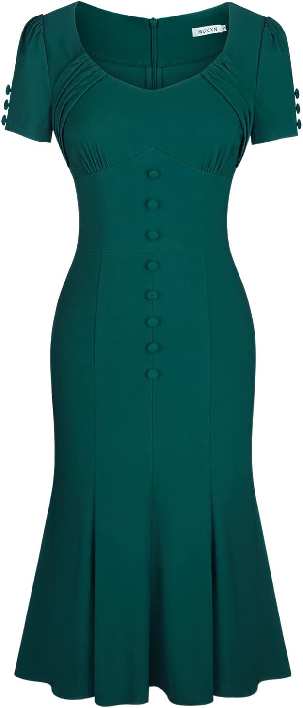 MUXXN Women's 1950s Retro Dress Vintage Short Sleeve Button Down Mermaid Bodycon Midi Casual Work Cocktail Dresses - Image 3