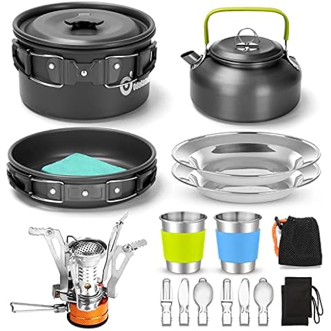 Odoland 16pcs Camping Cookware Set with Folding Camping Stove, Non-Stick Lightweight Pot Pan Kettle Set with Stainless Steel Cups Plates Forks Knives Spoons for Camping Backpacking Outdoor Picnic Cover