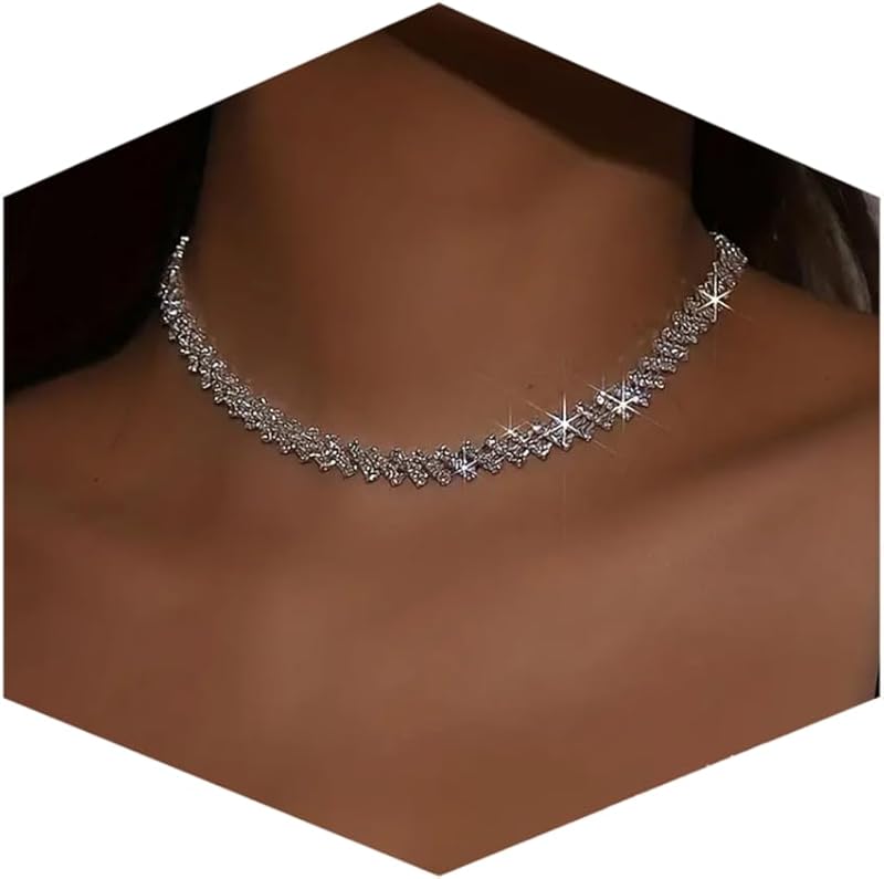 Fesciory Collares de diamantes de imitación chapados en plata para mujer, joyería de tenis con corazón | Cuerda torcida en capas, estilos de varias filas, plateada, ajuste ajustable, bodas, bailes, fiestas y regalos de joyería elegantes cotidianos