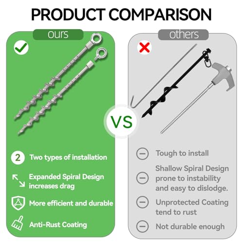 Demreal 20 Pcs 12" Rustproof Aluminum Screw in Tent Stakes, Heavy Duty Ground Anchors with 8mm Adapter & Hooks, Durable Metal Stakes for Outdoor Camping, Tarp, Swing Sets, Lightweight & Strong Grip by Demreal - Image 3