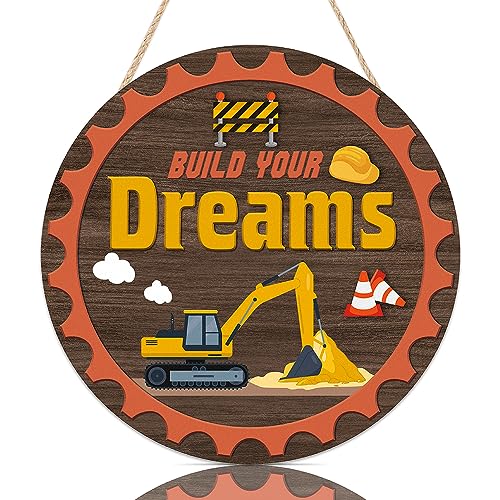 Image of TOARTi Rustic Build Your Dreams Inspirational Quote Hanging Sign(12 x 12 inches), Wooden Cartoon Construction Truck Wall Decor, Kids Motivational Saying Front Door Sign for Classroom Nursery Playroom