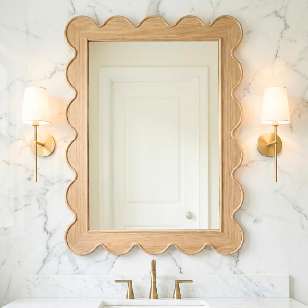 CAALMA Scalloped Wall Mirror 24 x 36 Rectangular Bathroom Mirror Mirrors for Wall Decor Wooden Frame Mirrors for