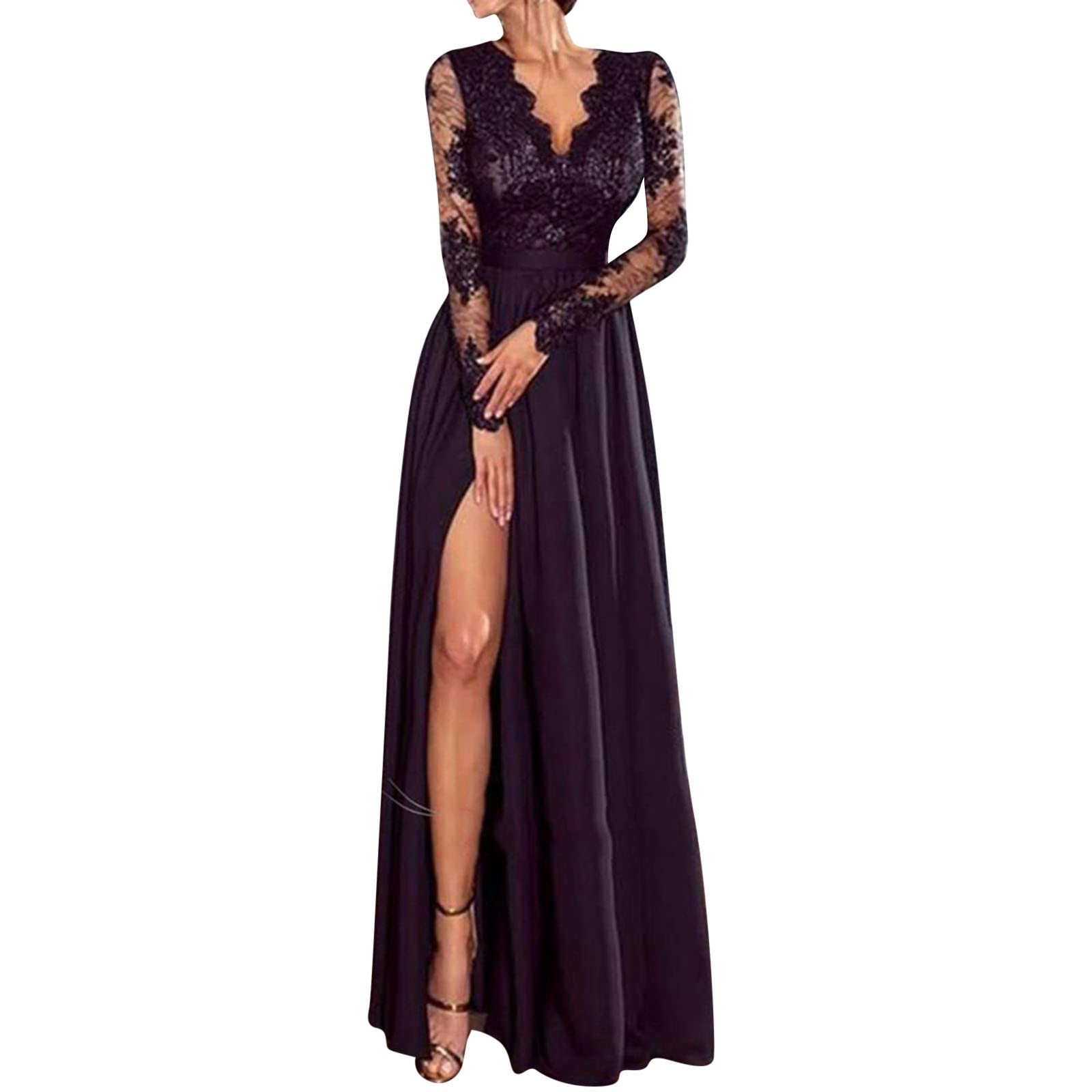 Genericwomen Floral Lace Maxi Dress Long Sleeve V Neck Bridesmaid
