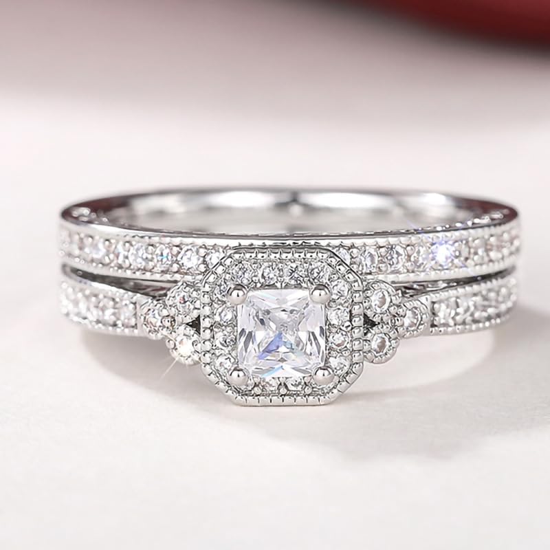 2PCS 925 Plated Silver Bridal Rings Sets Square Cut Cubic Zirconia Halo CZ Engagements Rings Wedding Bands for Women Promise Rings for her Size 7# - Image 6